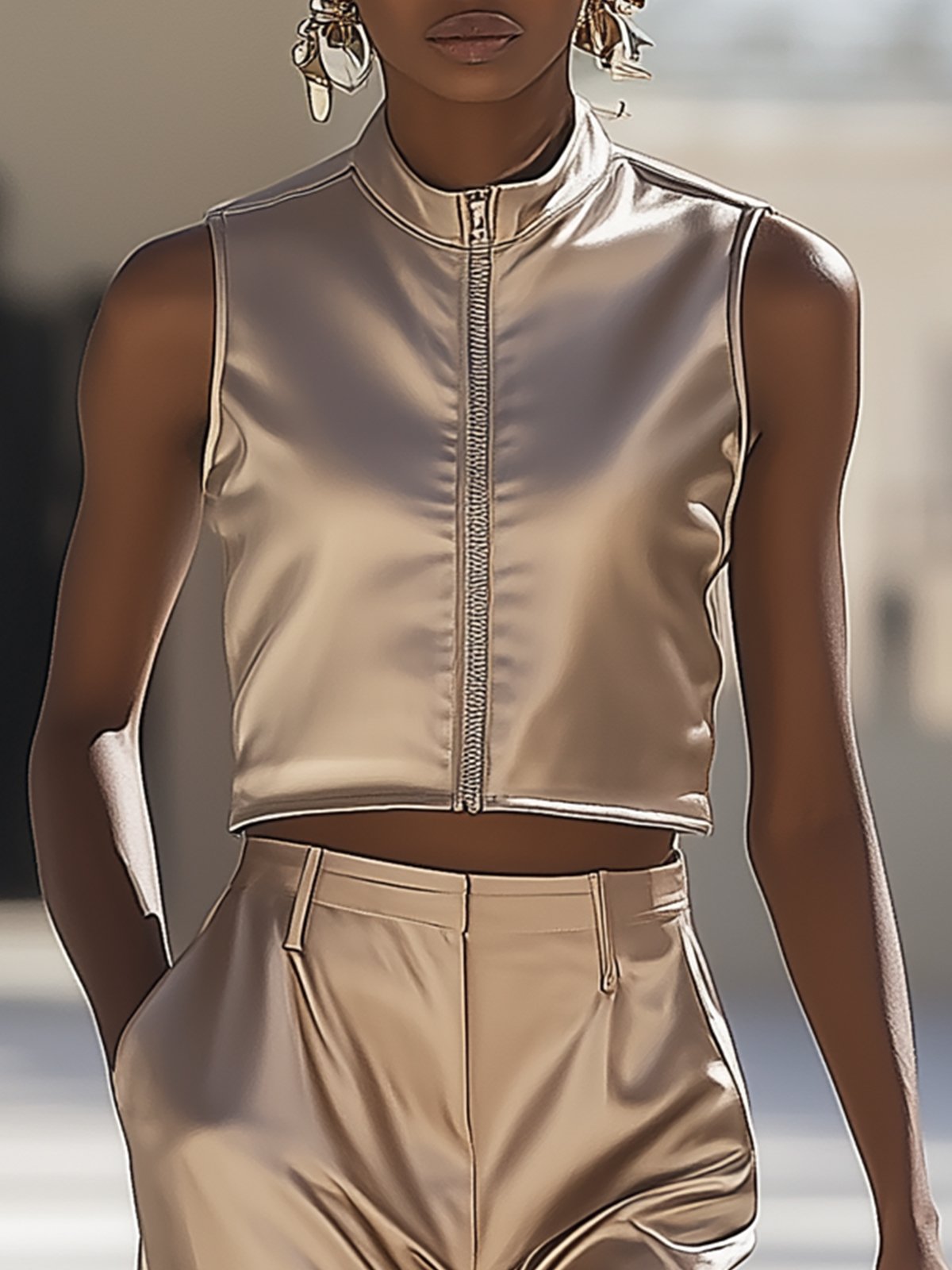 Beige Satin Zip Vest And Pants Suit