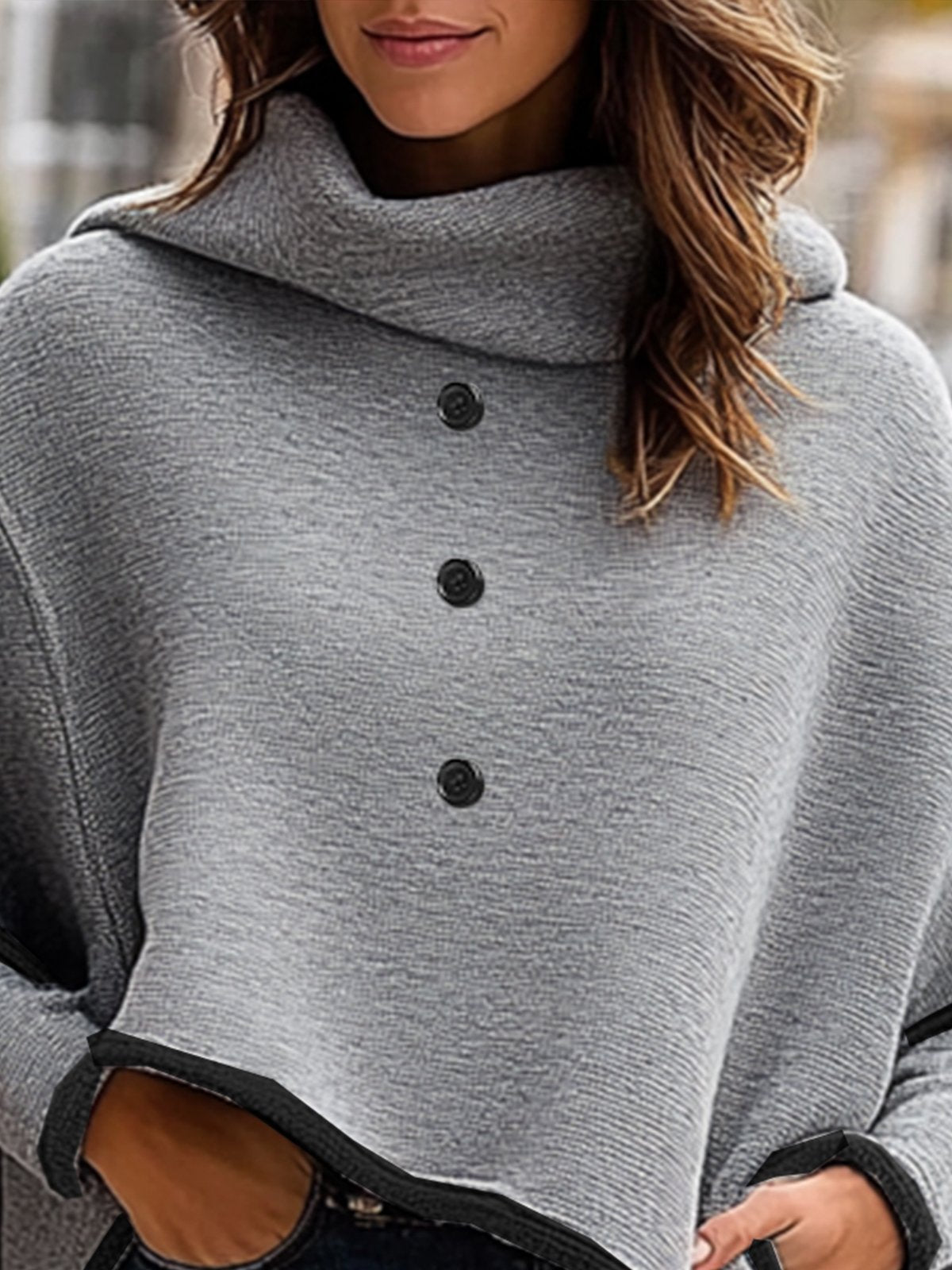 Gray High Neck Casual Coat With Black Line Design