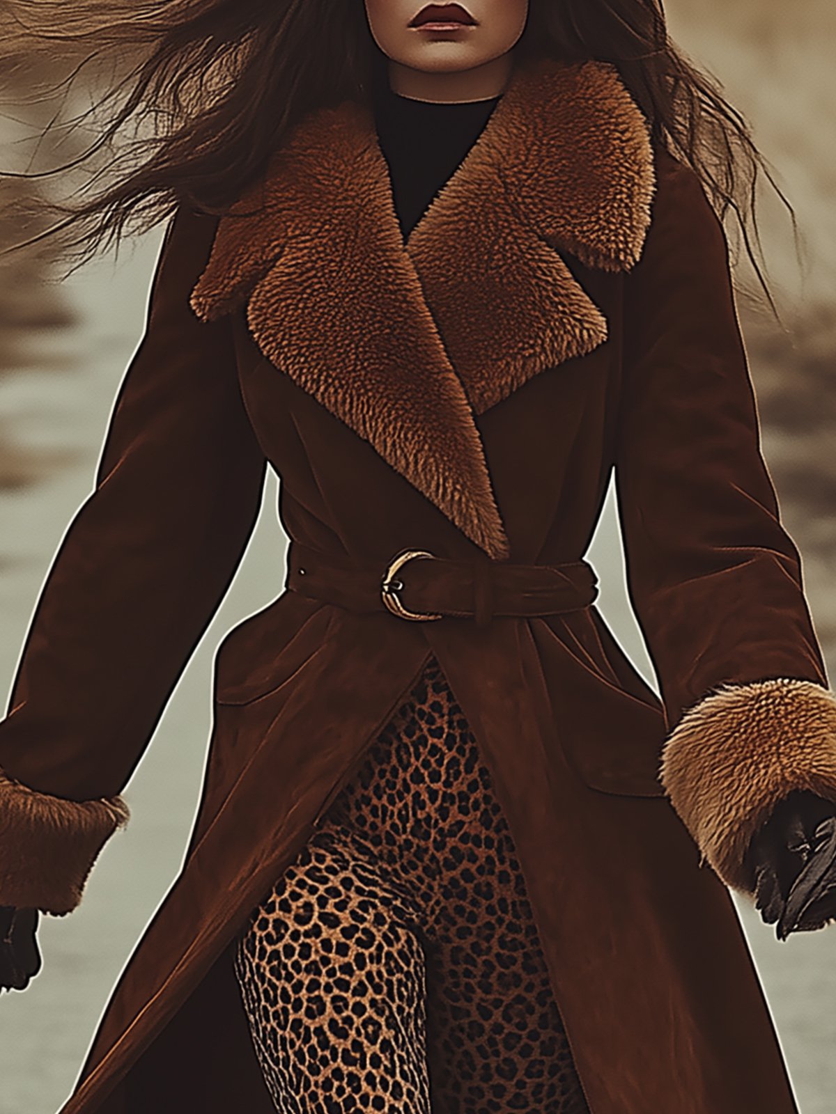 Belted Brown Suede Coat With Shearling Collar And Cuffs