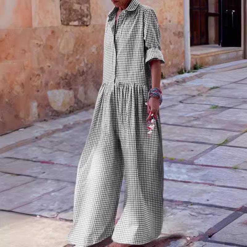 Buttoned Plaid Pleated Lapel Maxi Dresses