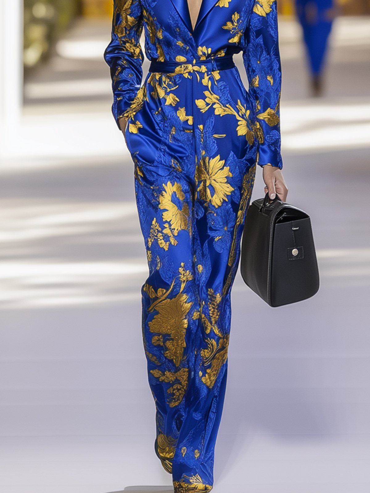 Fashionable Blue Satin Gold Print Jumpsuit