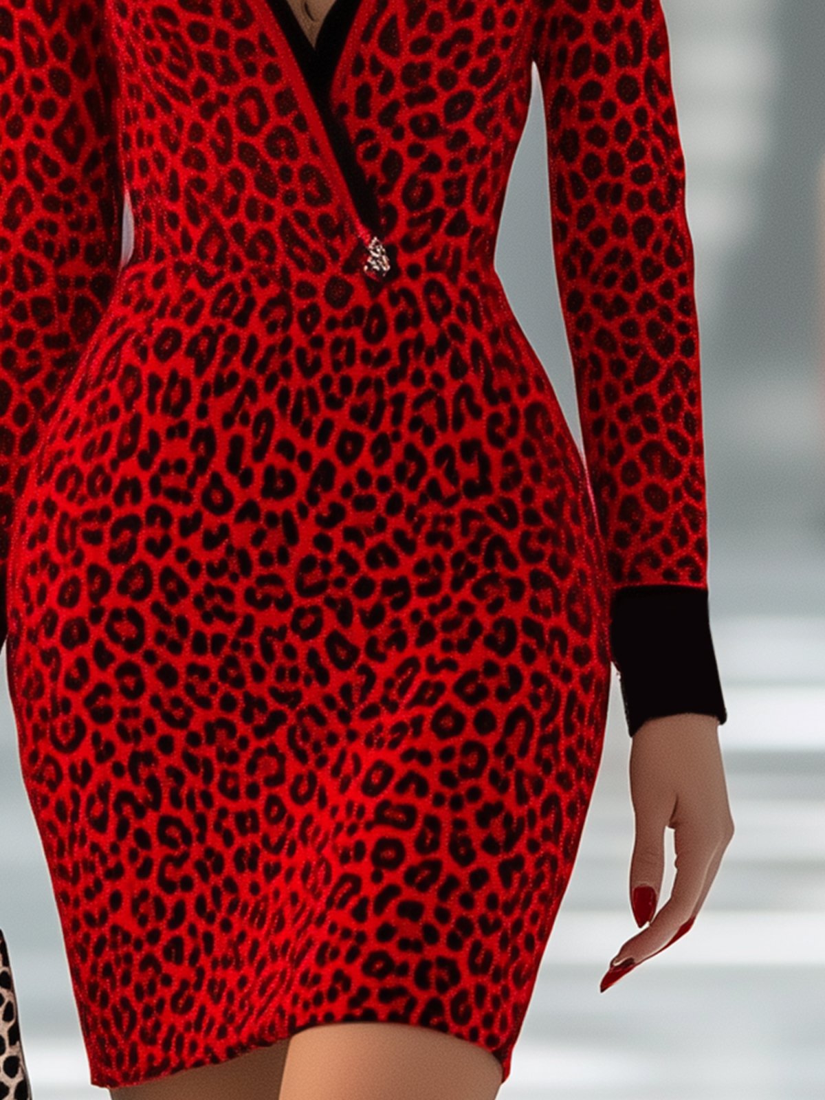 V-Neck Red Leopard Print Bodycon Dress