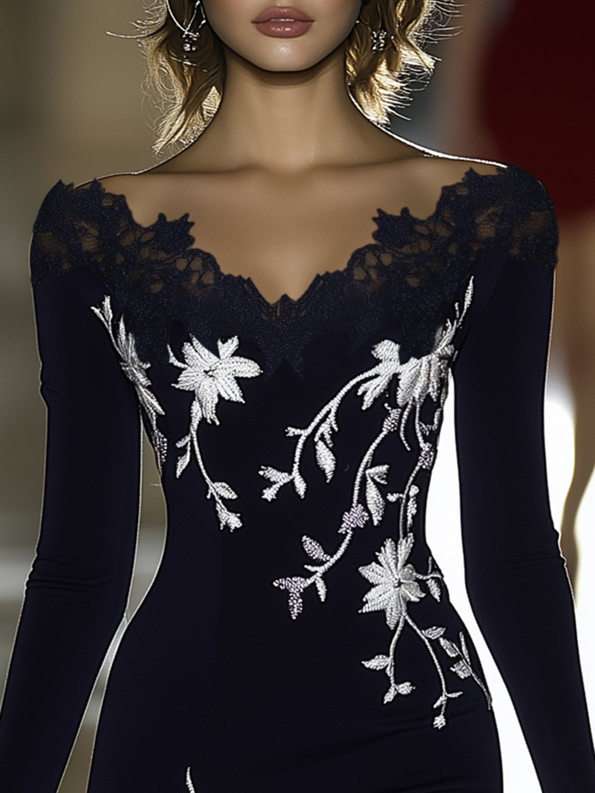 Black Lace V-Neck Bodycon Dress With Silver Floral Embroidery