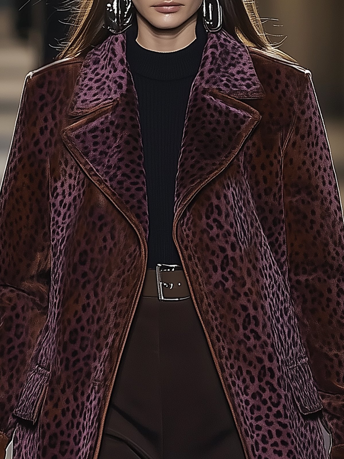 Purple Leopard Print Coat With Brown Trim Design