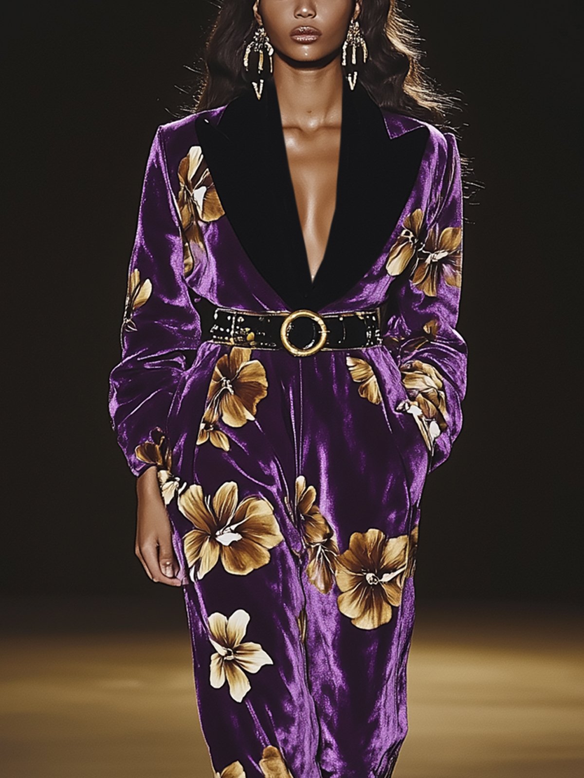 Floral-Print Velvet Jumpsuit With Belt