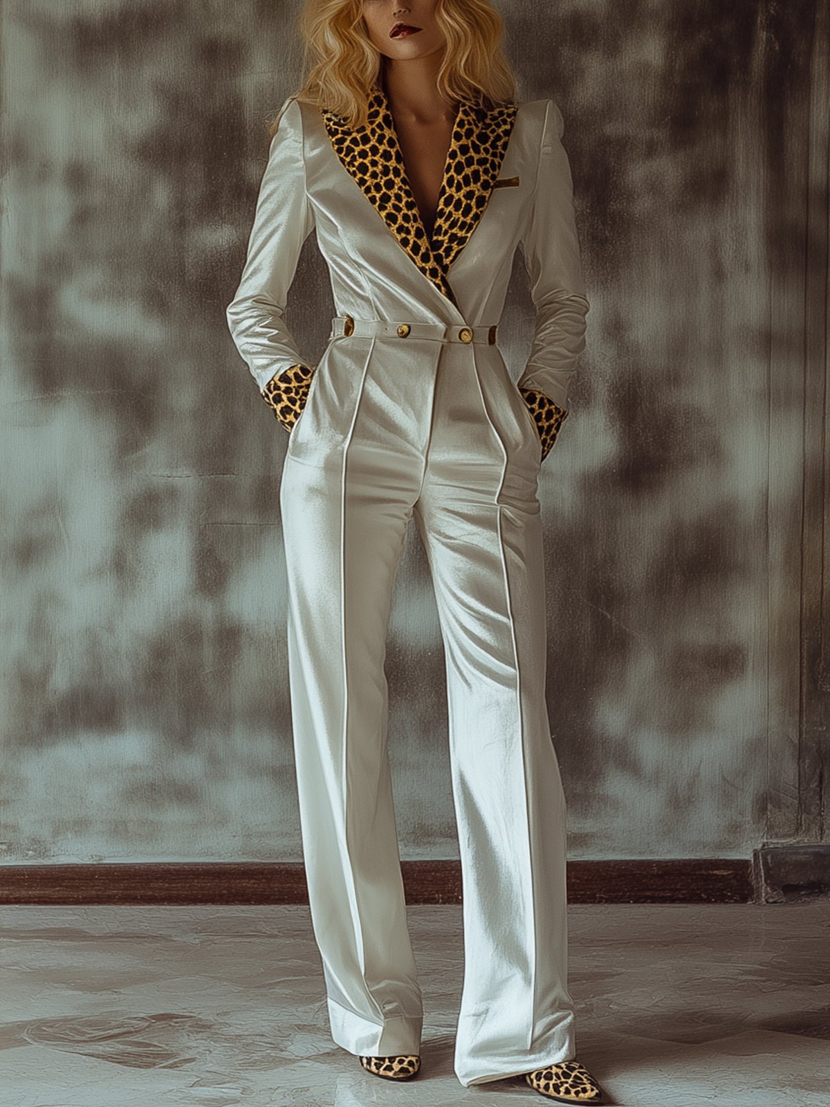 White Velvet Leopard Print Jumpsuit