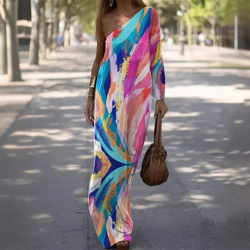 Asymmetric Elasticity Printed Split-side Maxi Dresses