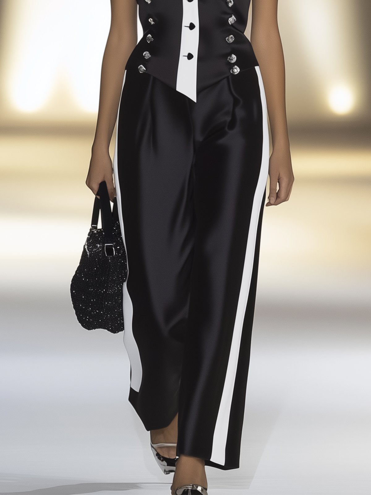 Classic Black And White Block Satin Vest And Pants Suit