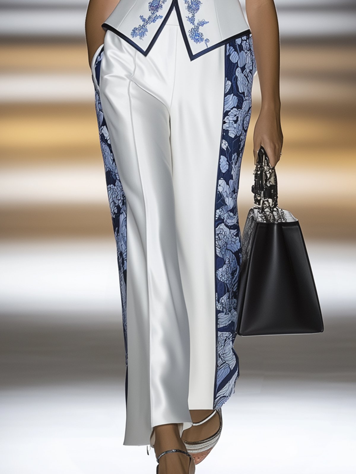 Elegant Satin Print Vest And Trousers Suit