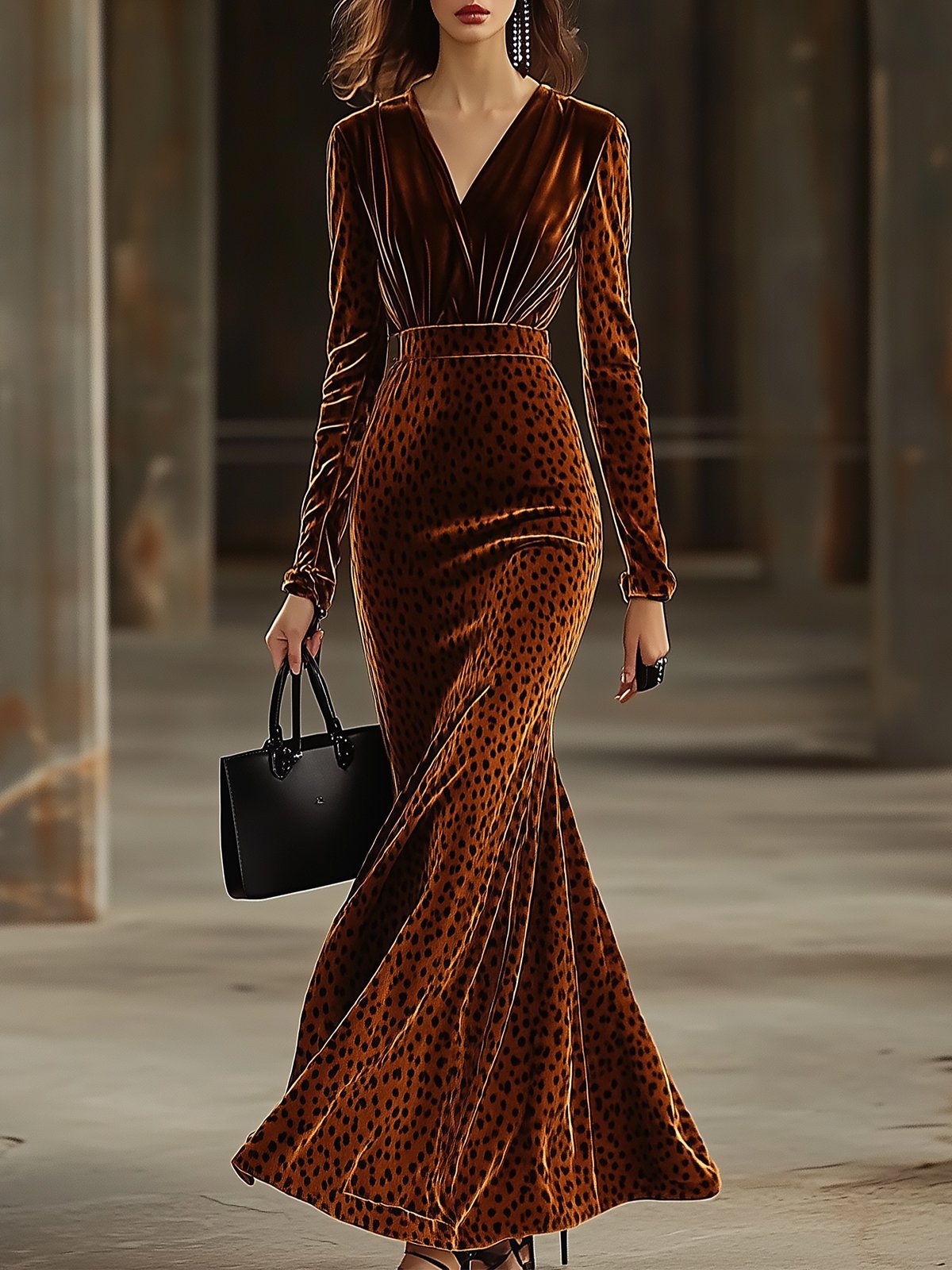 Leopard Print V Neck Velvet Maxi Dress