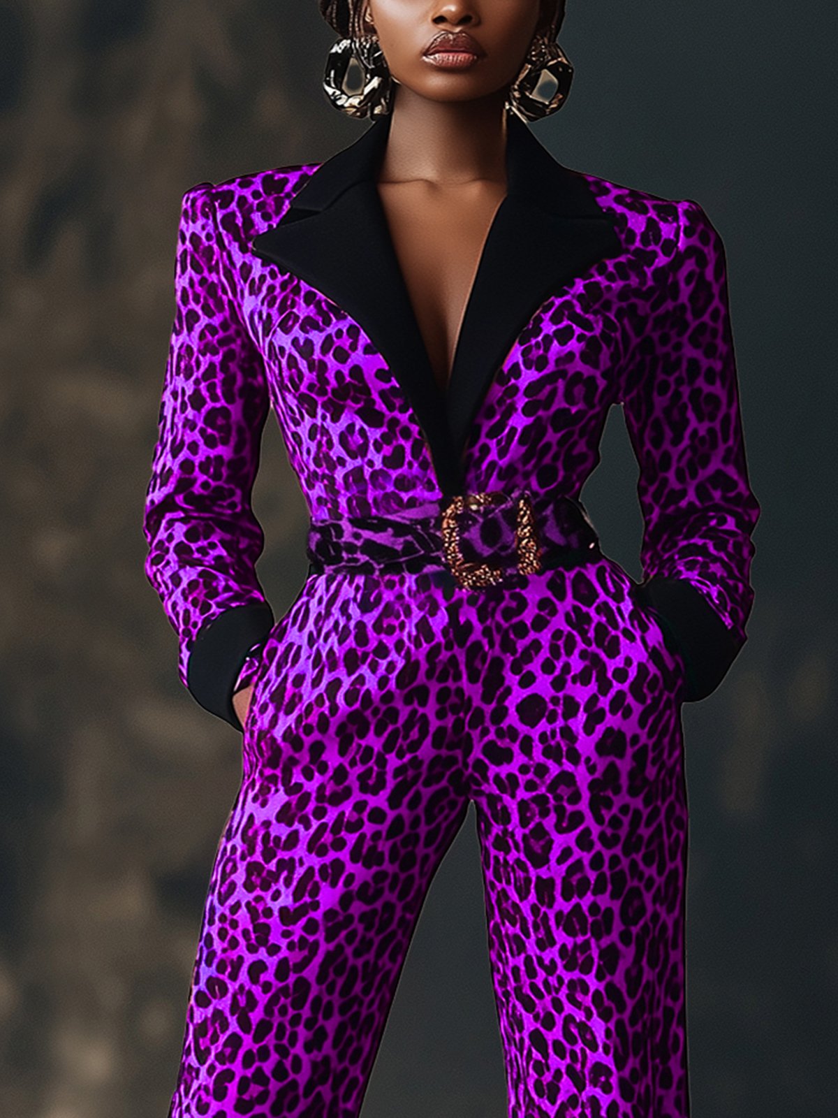 Stylish Purple Leopard Print Lapel Jumpsuit With Belt