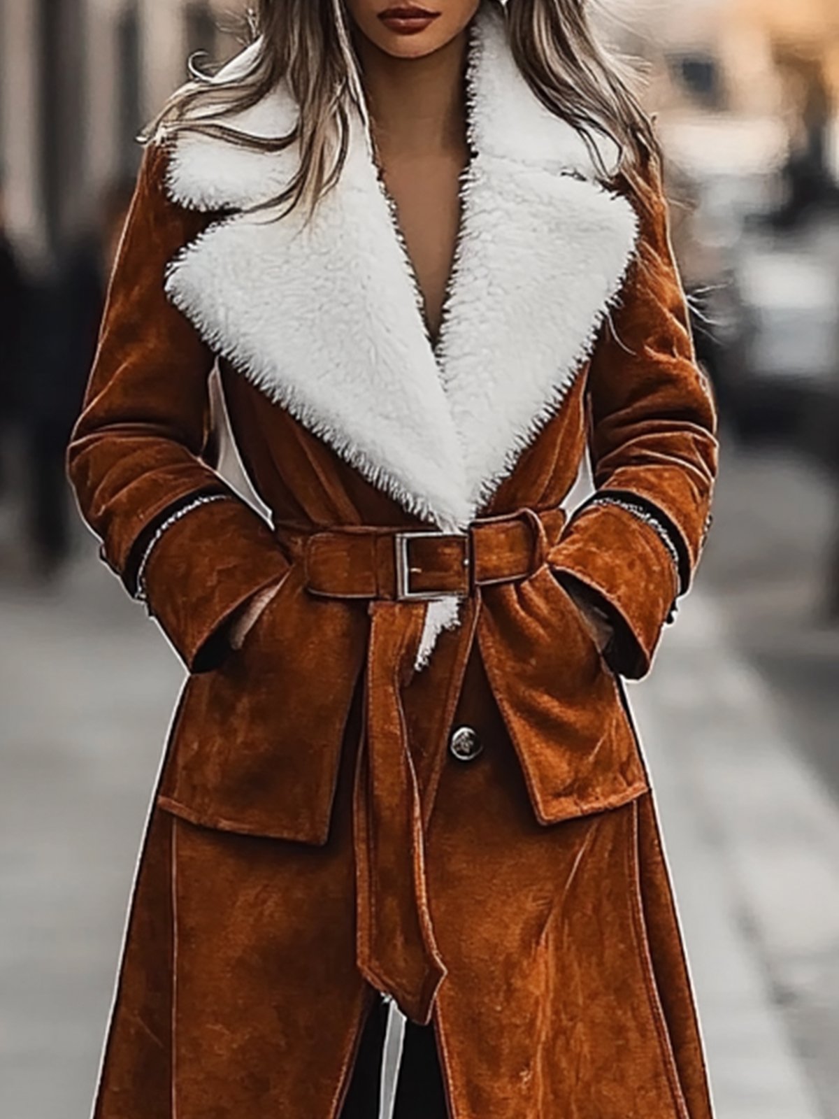 Orange Suede Coat With Sherpa Fur Turn Down Collar