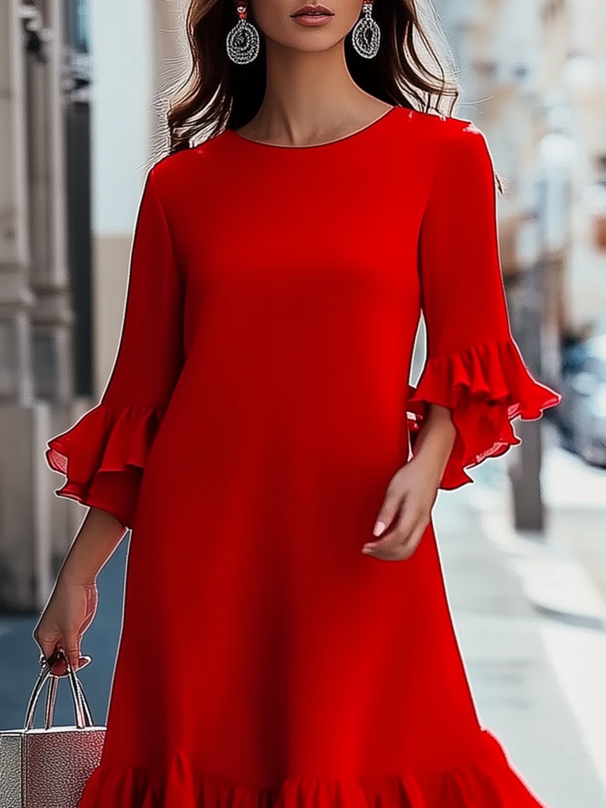 Red Chiffon Dress With Ruffle Sleeves And Hem