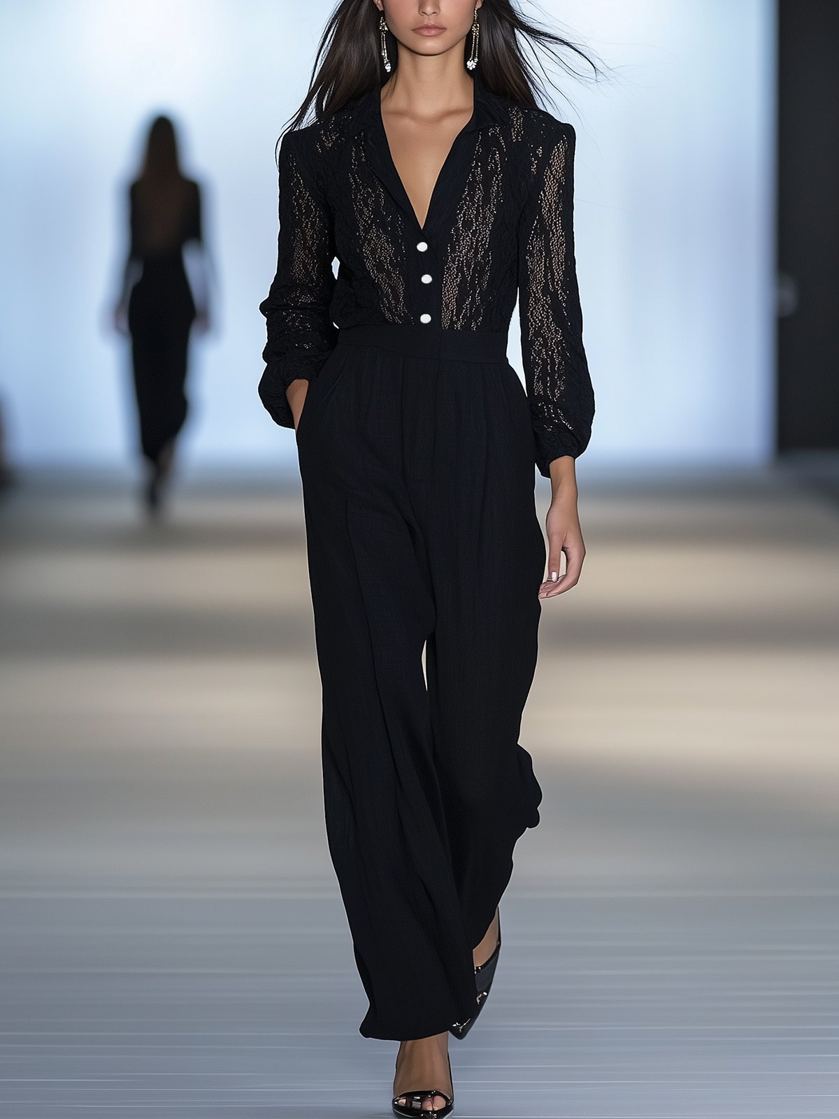 Black Lace And Velvet Patchwork Jumpsuit