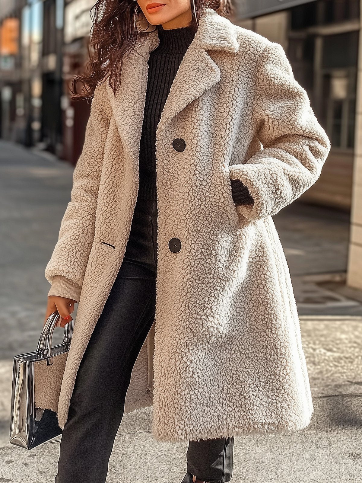 Solid Color Sherpa-Lined Warm Coat With Pockets