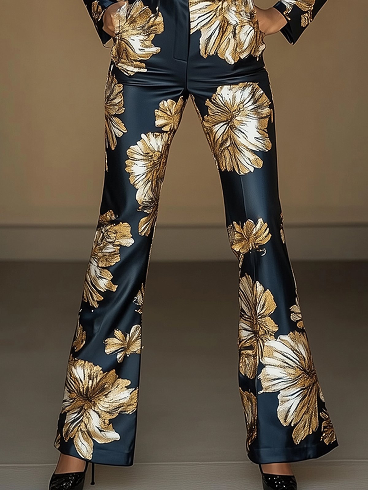 Elegant Satin Jumpsuit With Gold Floral Print