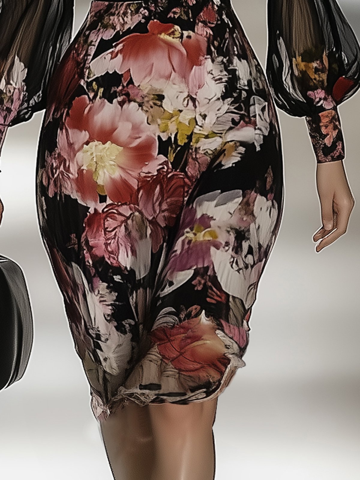 Elegant Floral Print Chiffon Bodycon Dress With Lantern Sleeves