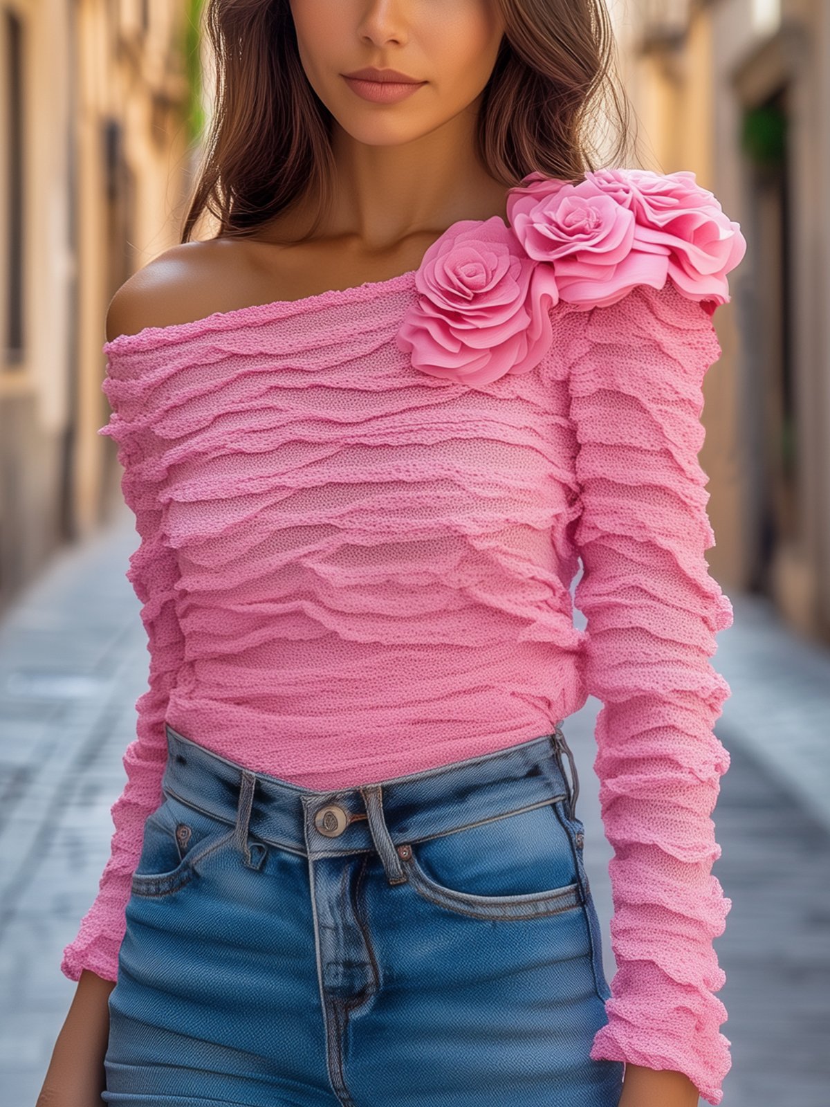 Elegant Off-Shoulder Pink Textured Top With 3D Floral Details