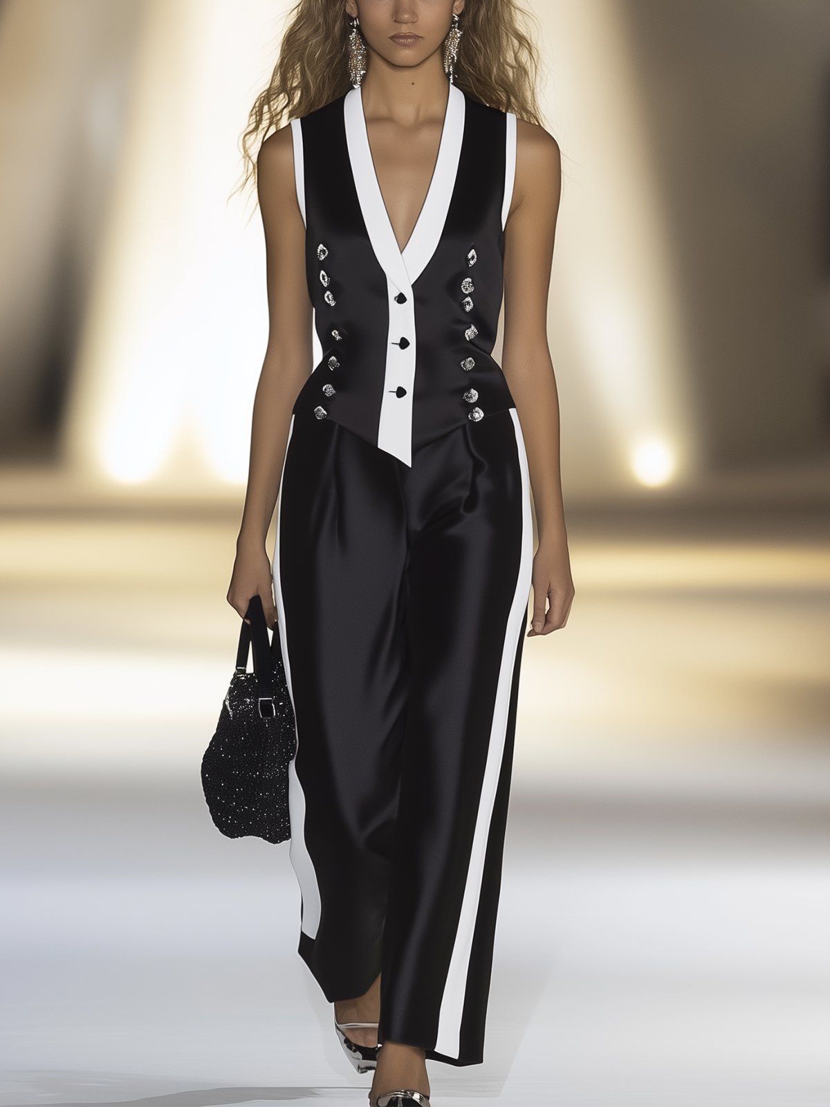 Classic Black And White Block Satin Vest And Pants Suit