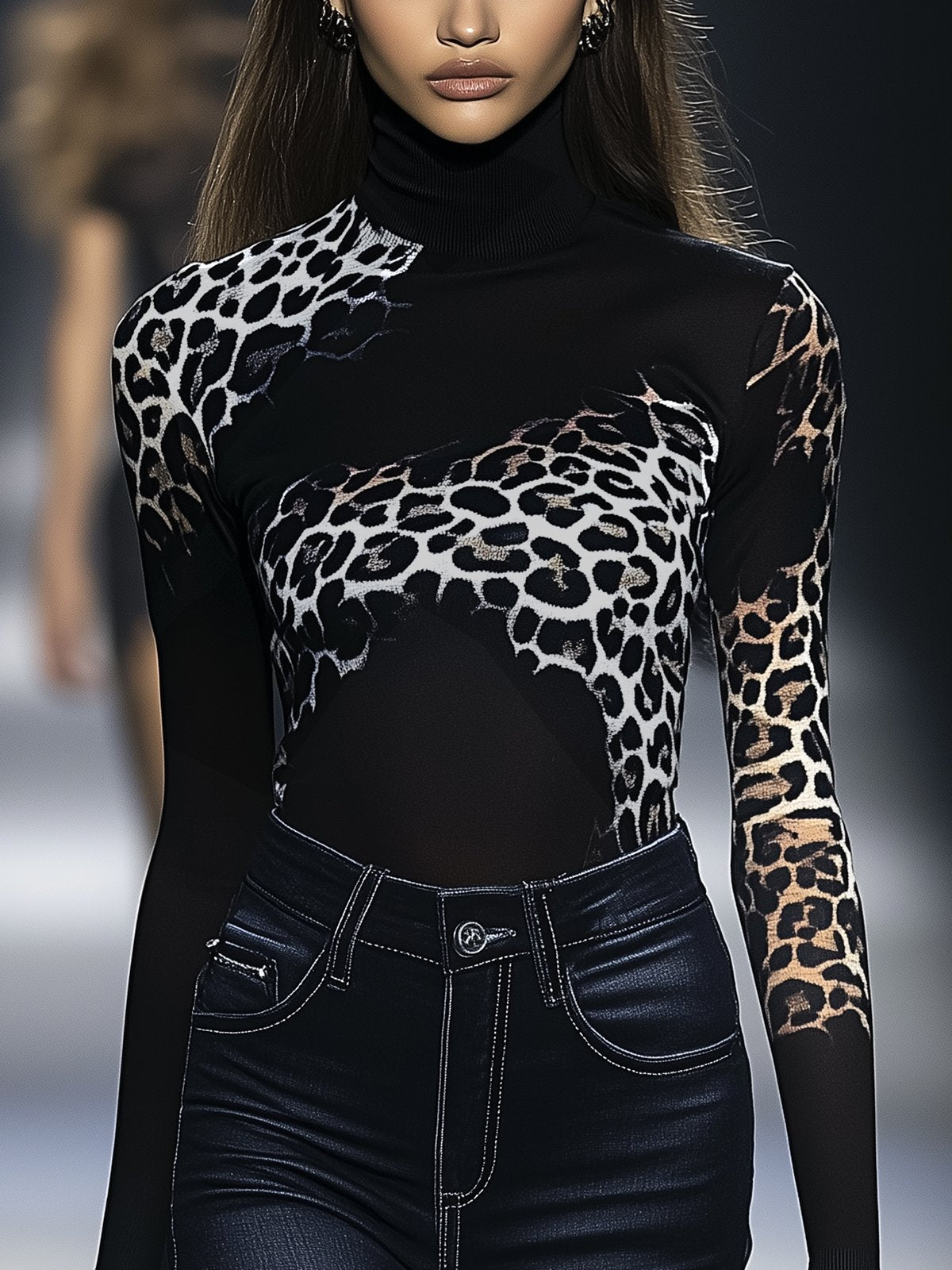 Leopard Print Color Block Stretch T-shirt