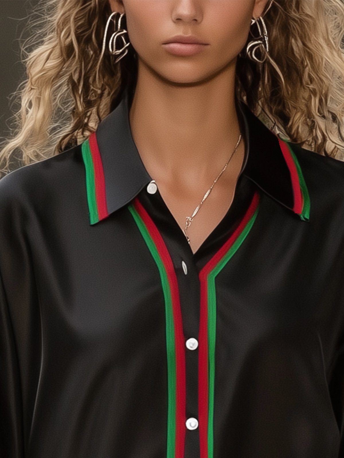 Black Satin Shirt With Red And Green Stripe Detailing