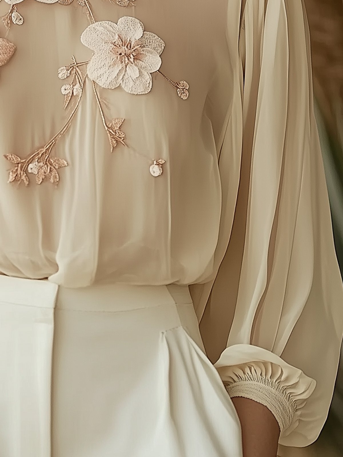 Beige Flower Embroidered Long Sleeve Shirt