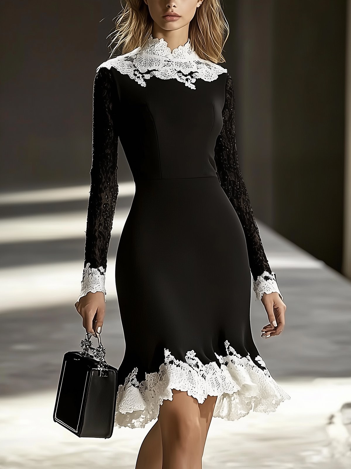 Black Lace Long Sleeve Fit-and-Flare Dress With White Collar And Hem Accents