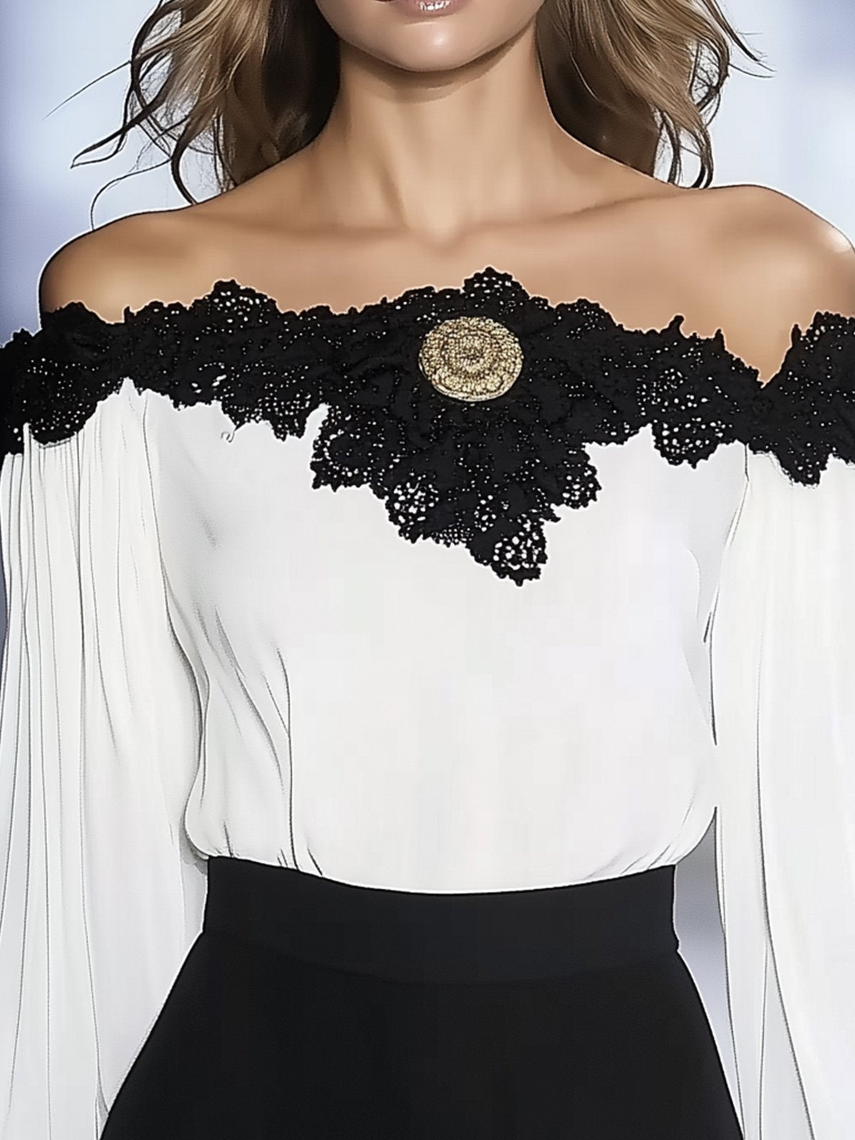 Off-Shoulder Chiffon Blouse With Black Lace Neckline