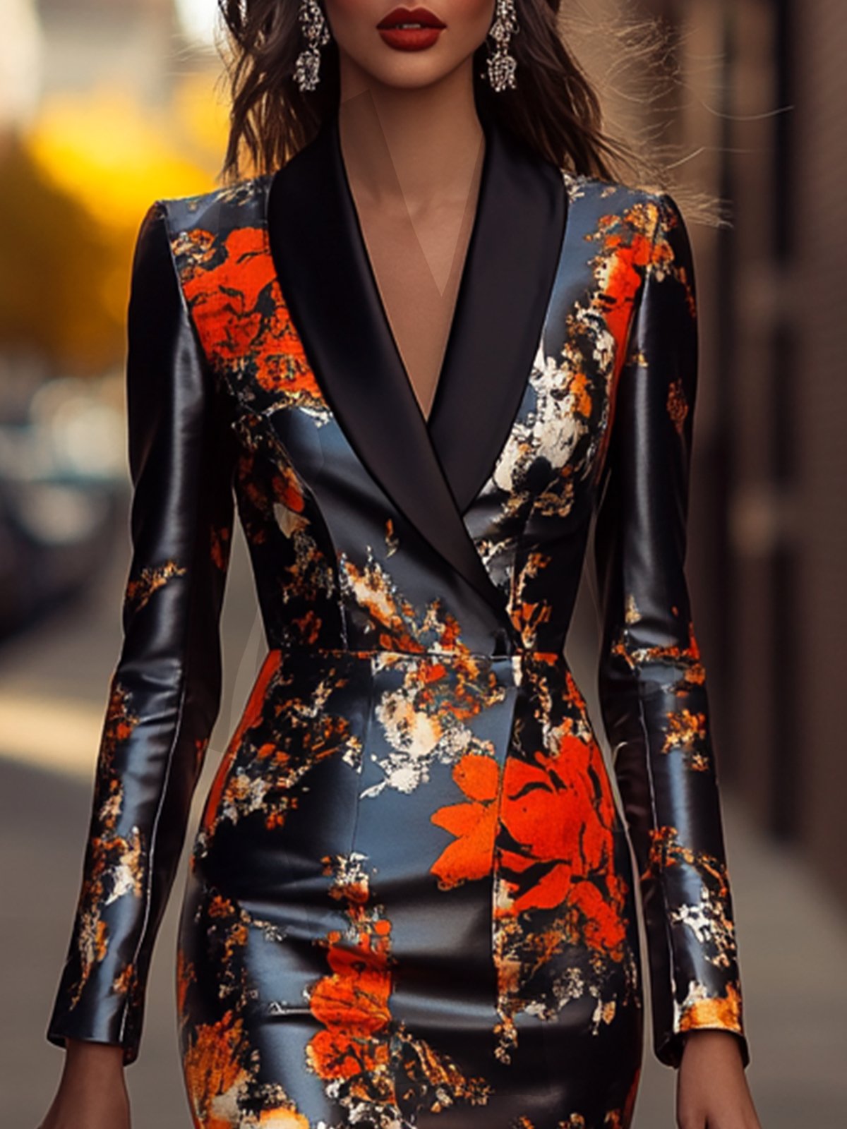 Red Floral Print Satin Dress