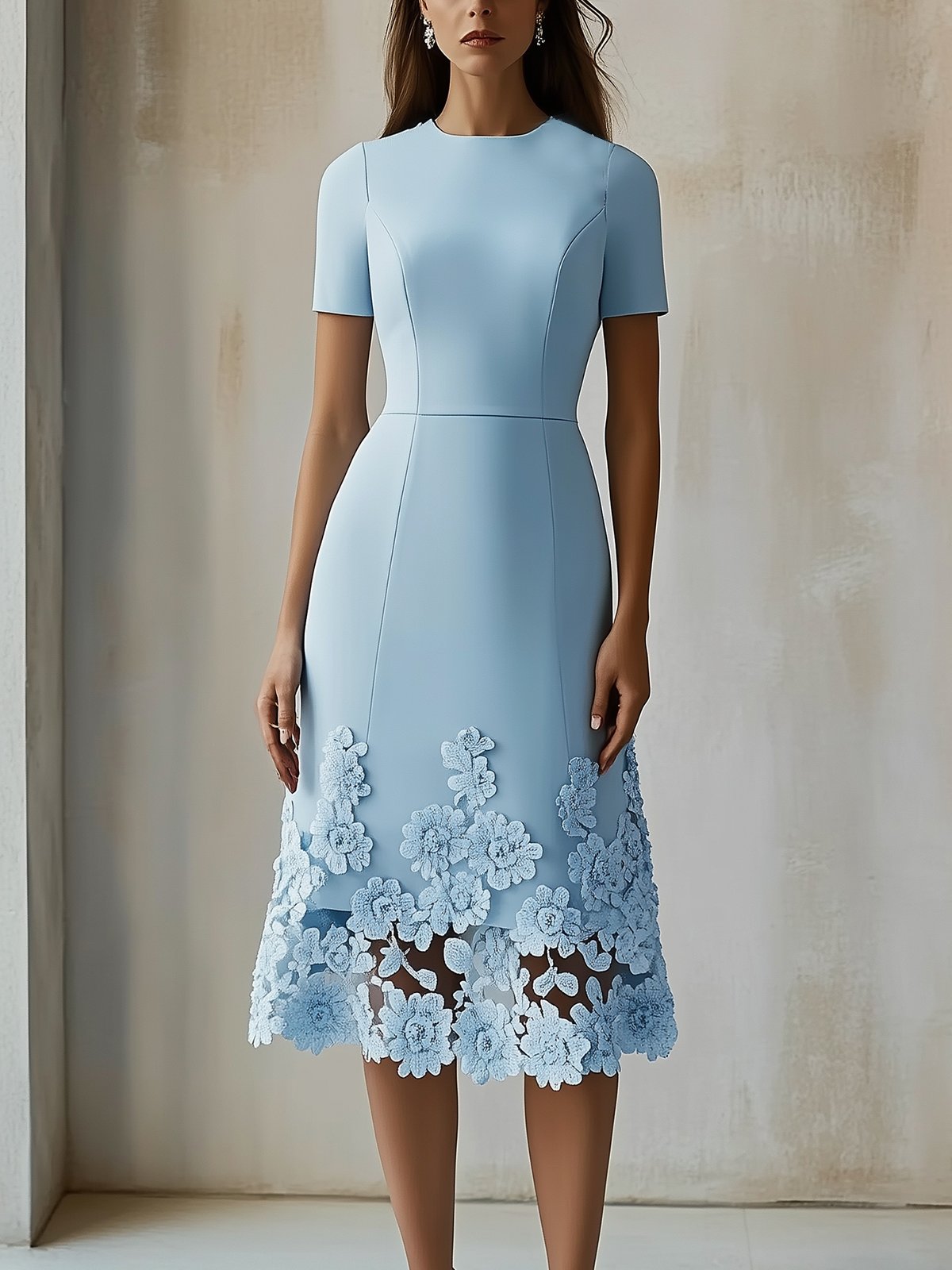 Sky Blue Floral Lace Hem Midi Dress