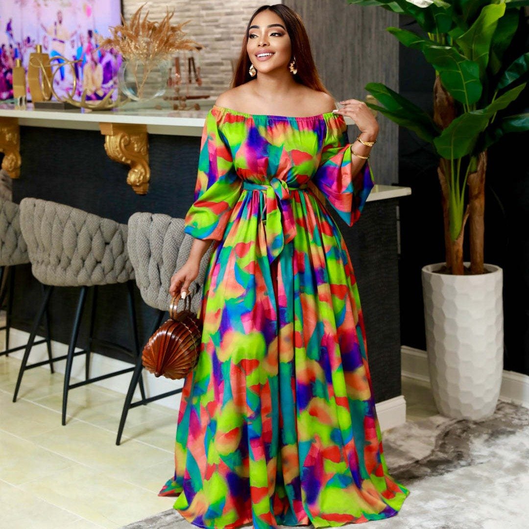 Puff Sleeves Printed Tied Waist Maxi Dresses