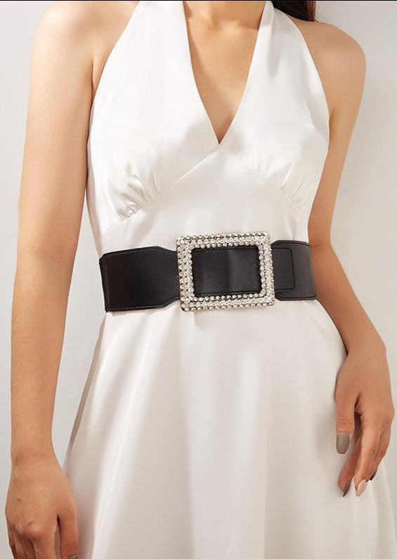 Square Buckle Rhinestone Wide Belt