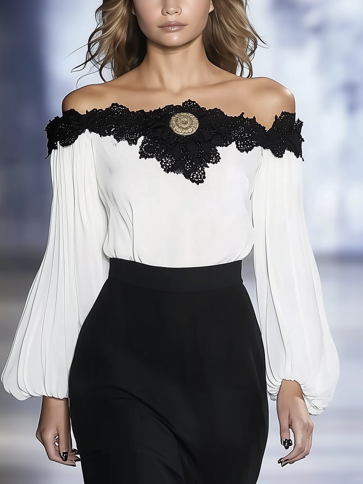 Off-Shoulder Chiffon Blouse With Black Lace Neckline