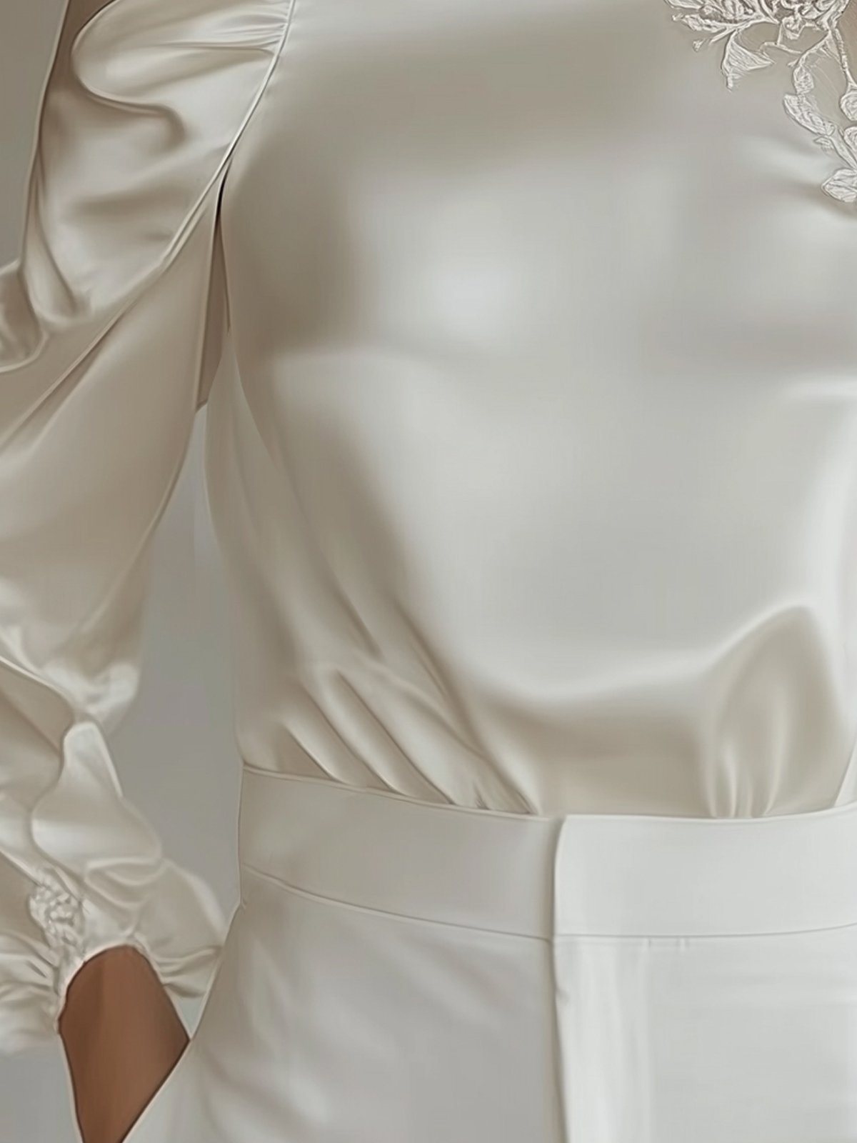 White Satin Shirt With Lace Shoulder Panels