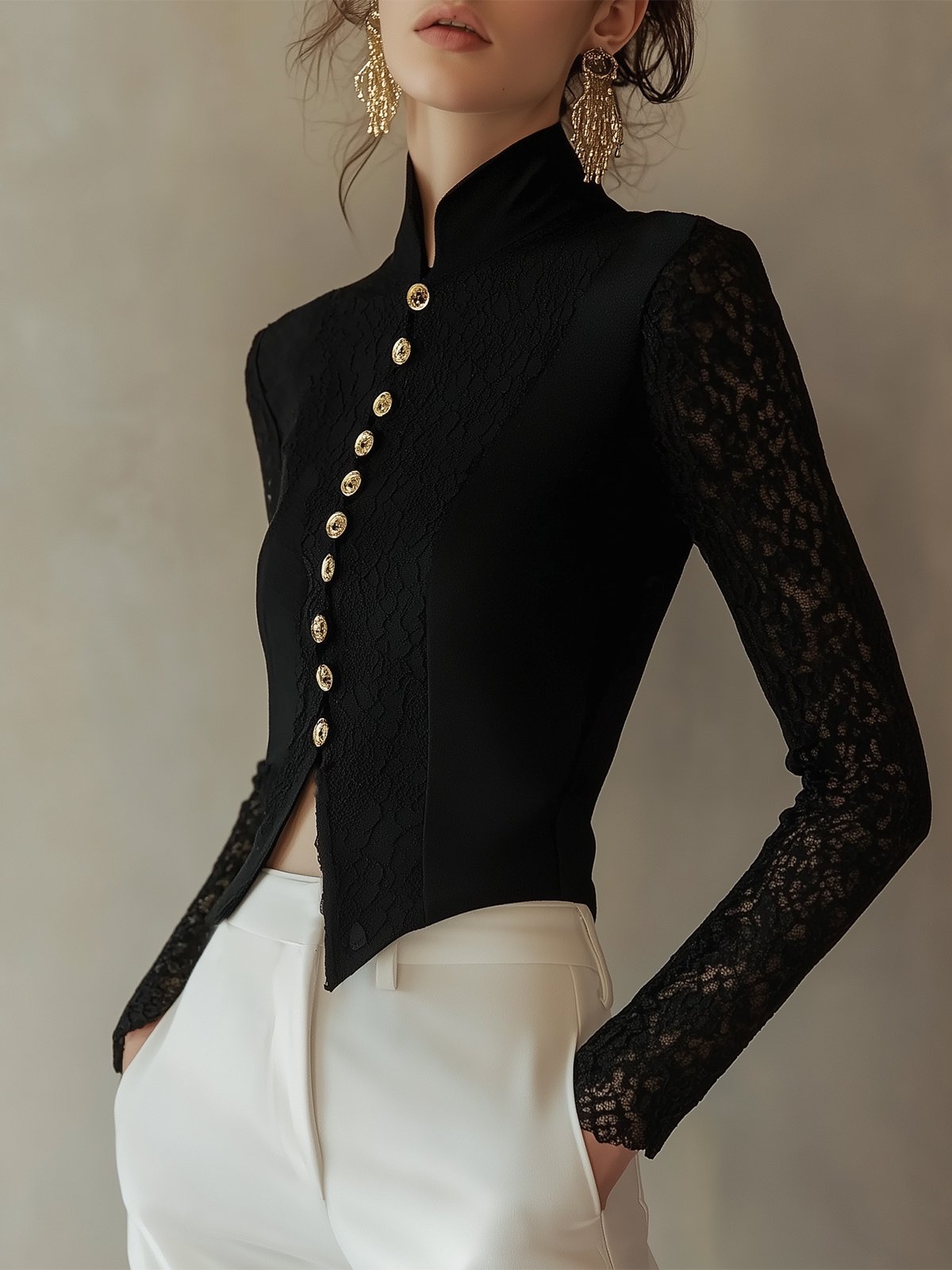 Elegant High-Neck Lace Panel Black Blouse With Gold Button Details