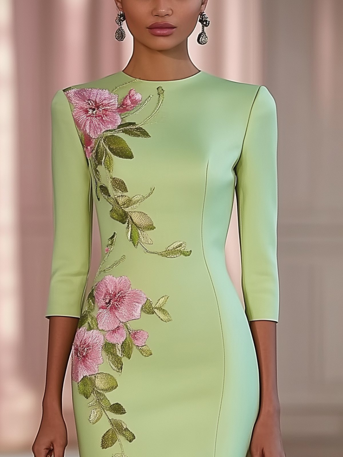 Light Green Floral Embroidery Bodycon Dress