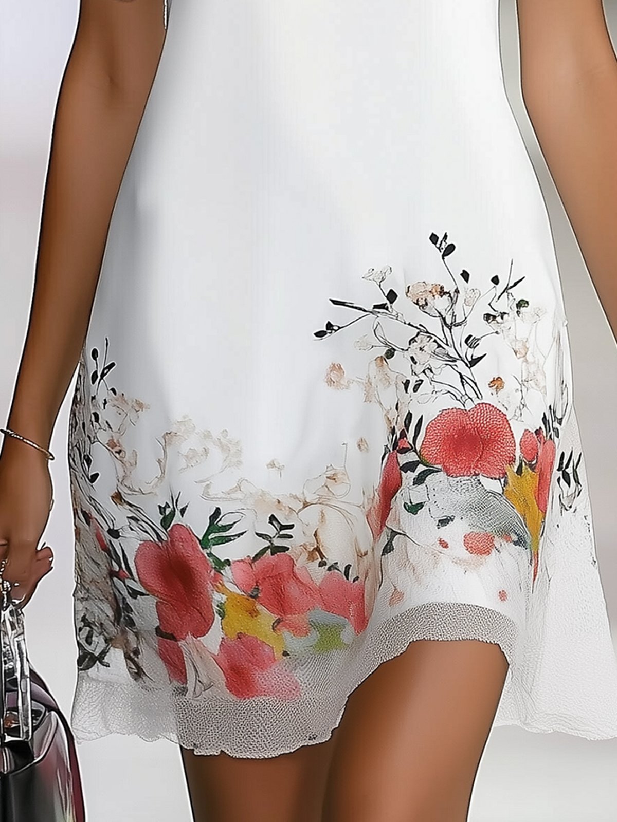 Floral Chiffon Dress With Mesh Sleeves And Hem