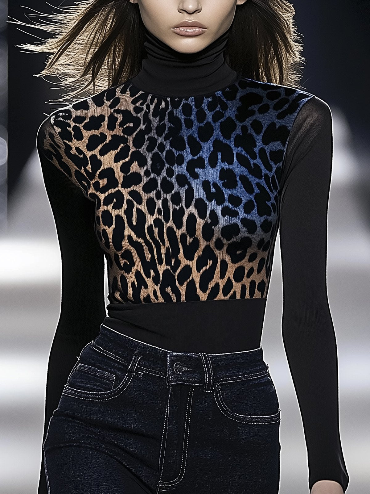 Brown And Blue Leopard Print Stretch Slim Fit T-shirt