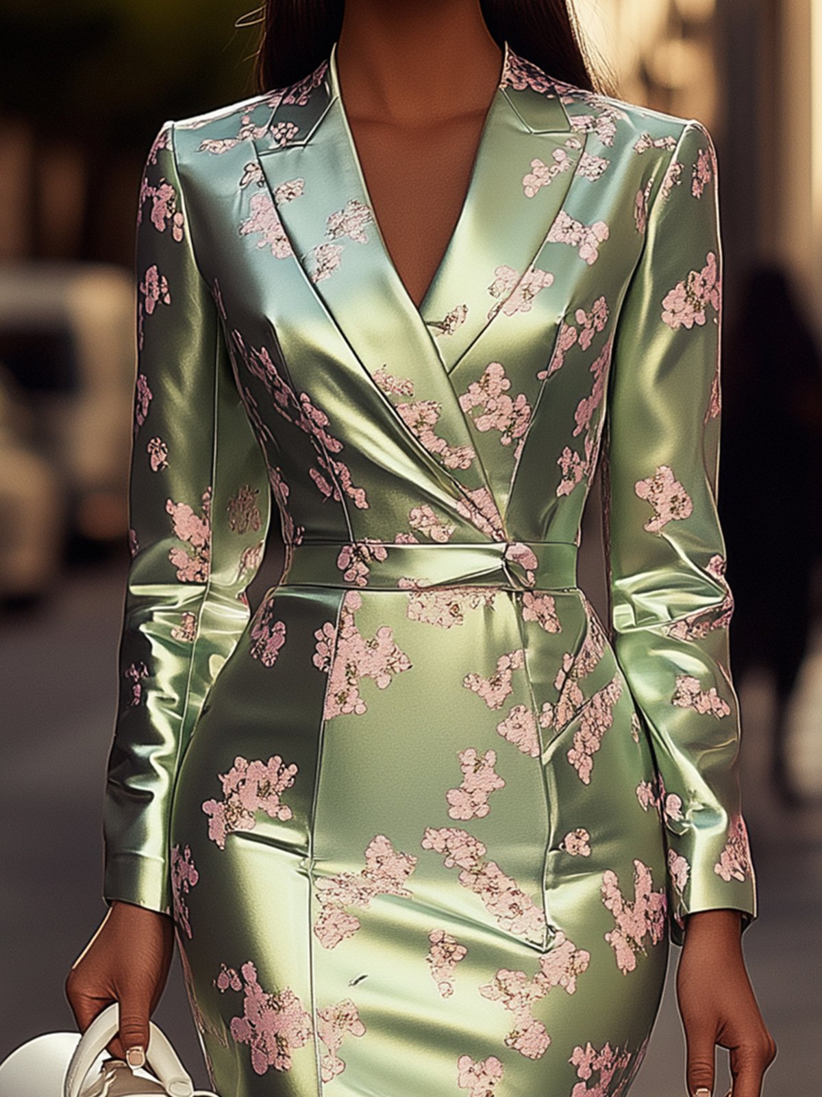 Green Satin Floral Print Dress