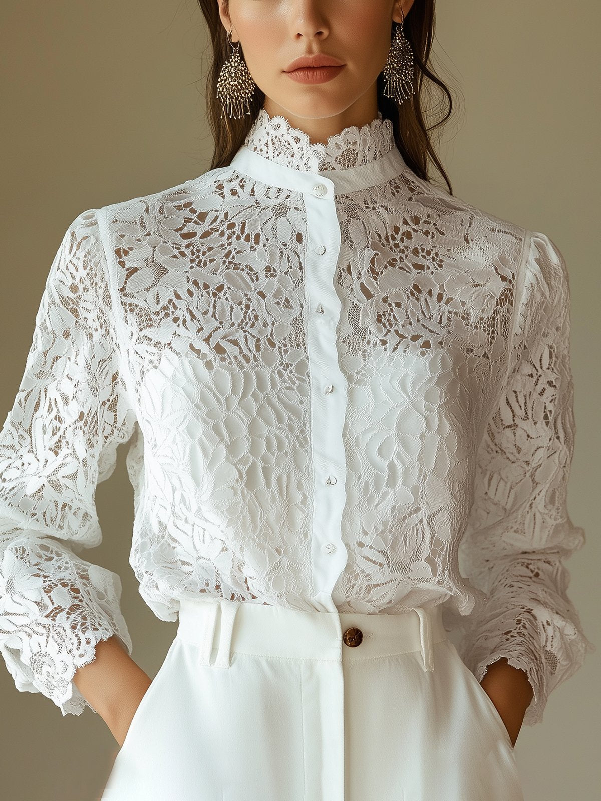 Fashionable Stand Collar Single-Breasted White Lace Blouse