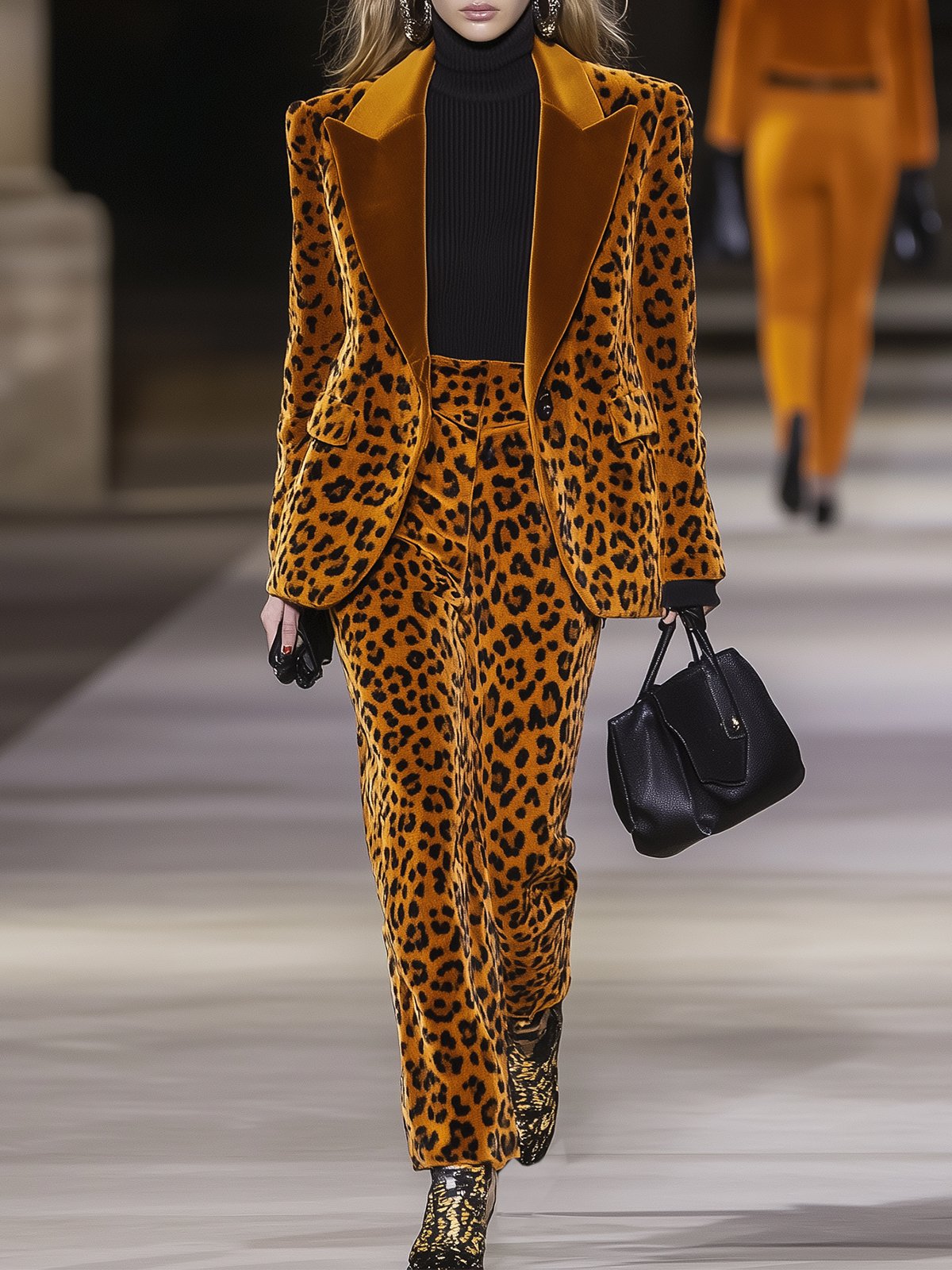 Orange Velvet Leopard Print Blazer And Pants