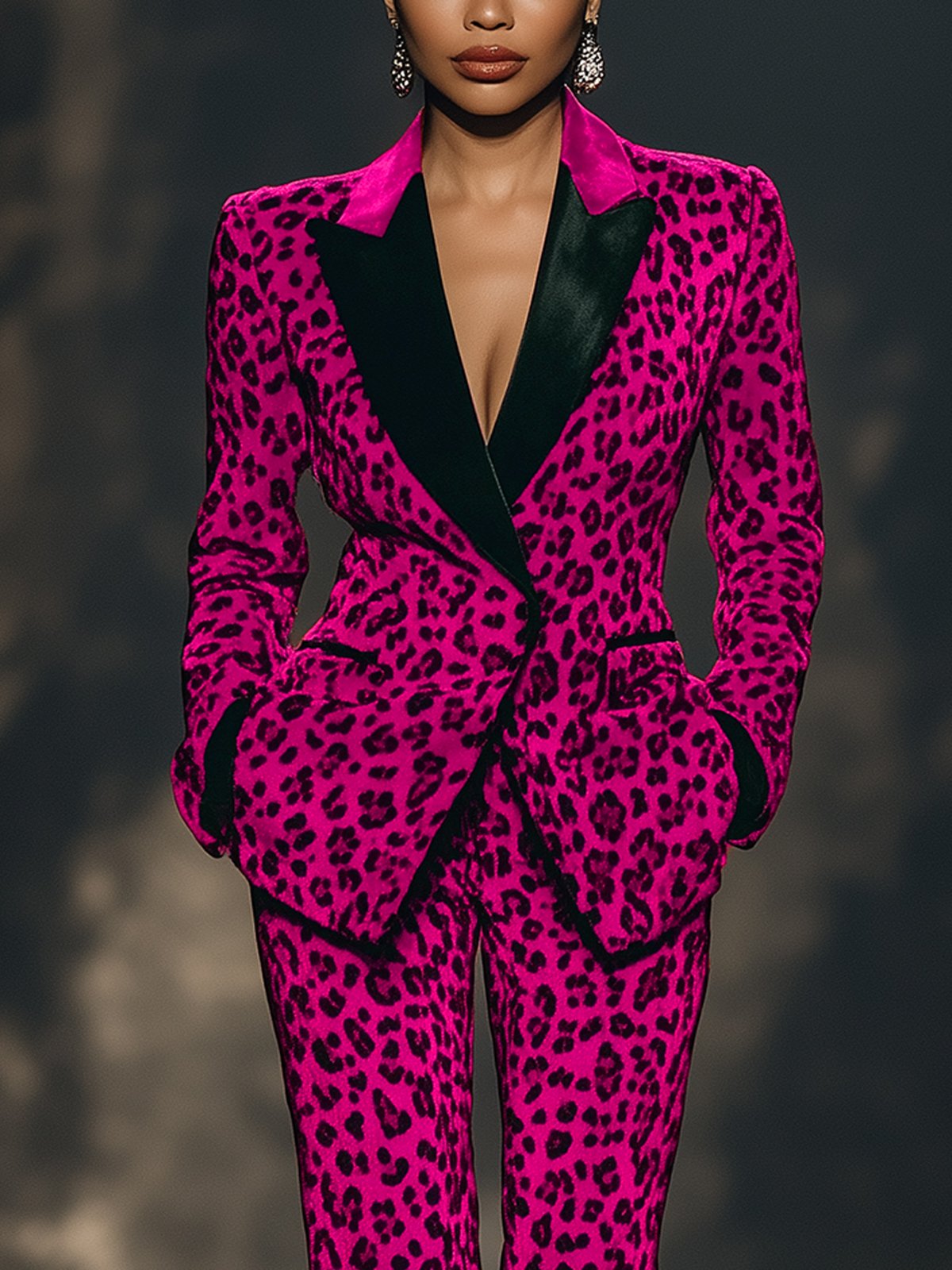 Fashionable Rose Red Velvet Leopard Print Suit