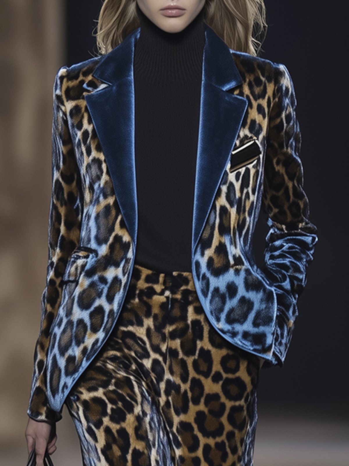 Velvet Colorblock Leopard Print Blazer