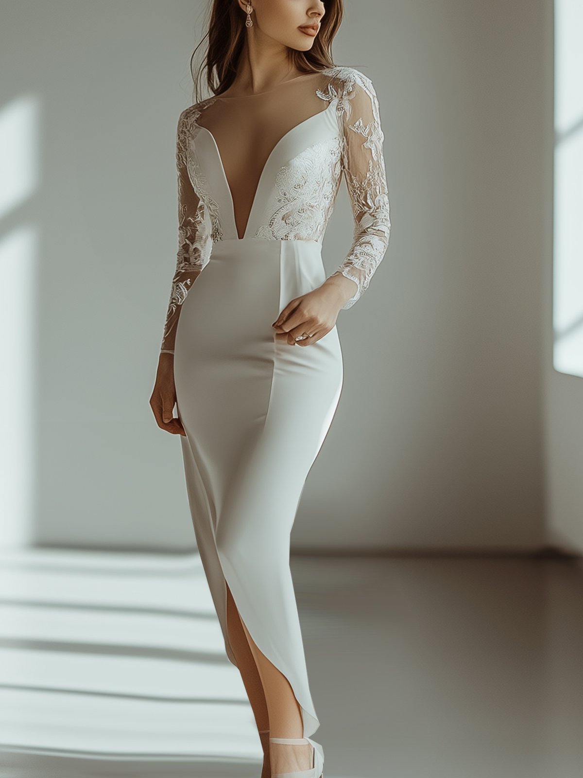 Elegant White Long-Sleeve Lace Dress