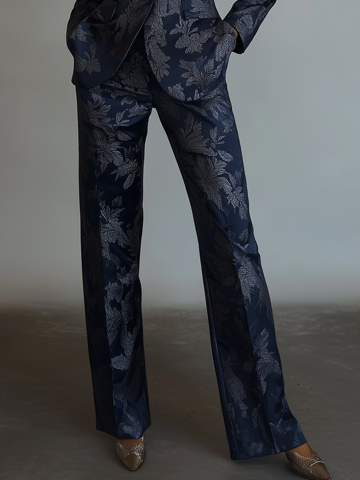 Navy Blue Satin Pants With Silver Leaf Print