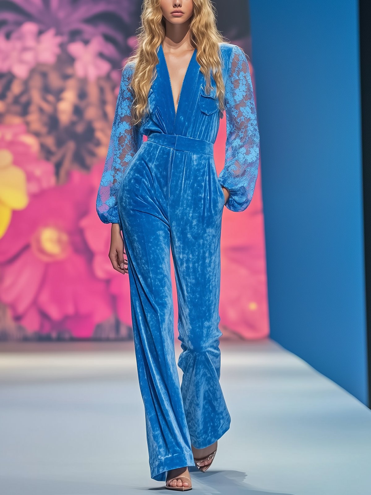 Blue Velvet Jumpsuit With Lace Sleeves