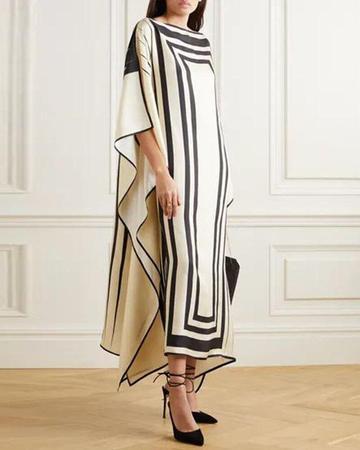 Batwing Sleeves Printed Split-Side Striped Boat Neck Maxi Dresses