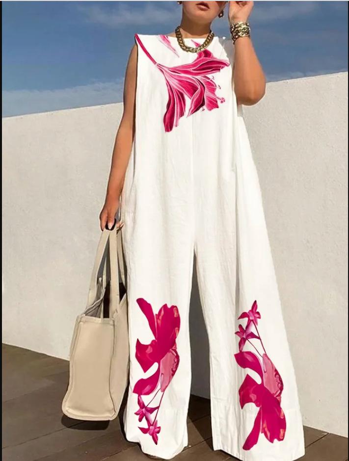 Wide Leg Contrast Color Printed Striped Jumpsuits