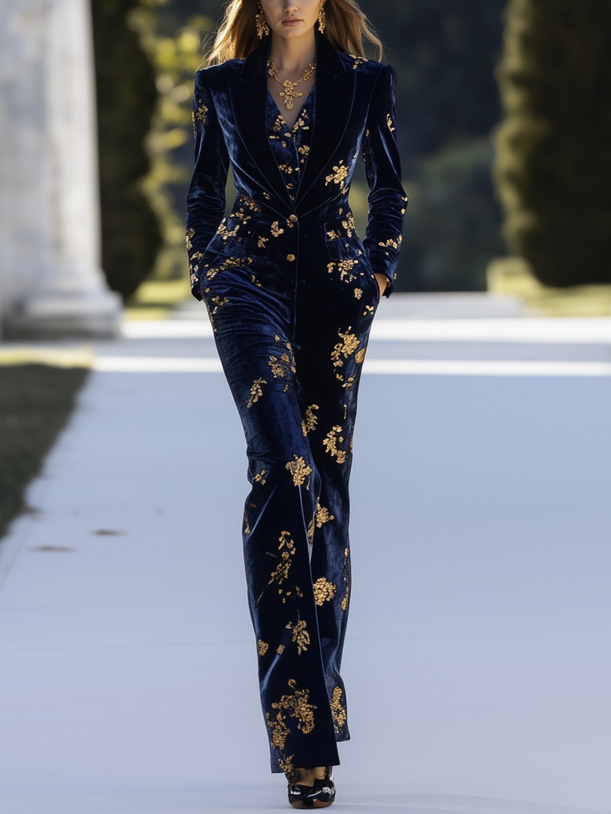 Navy Blue Velvet Jumpsuit With Gold Floral Prints