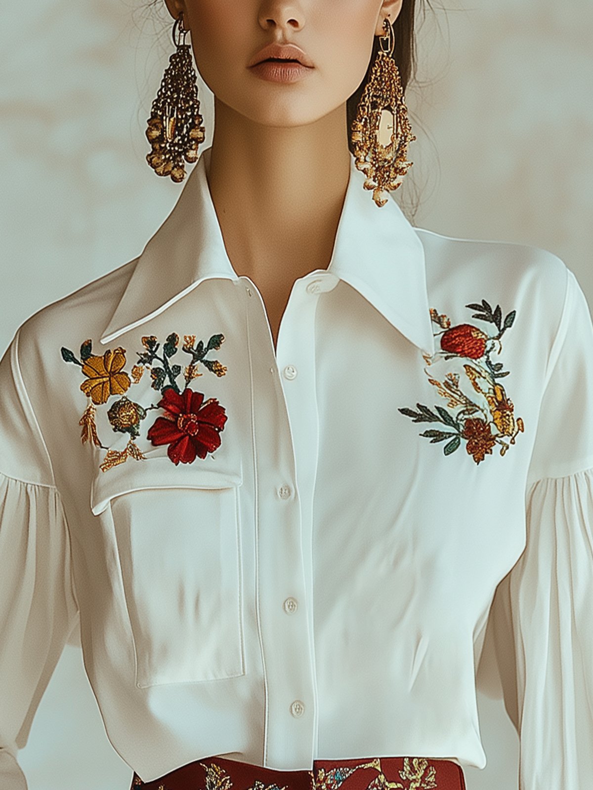 Lantern Sleeve Floral Embroidered Blouse